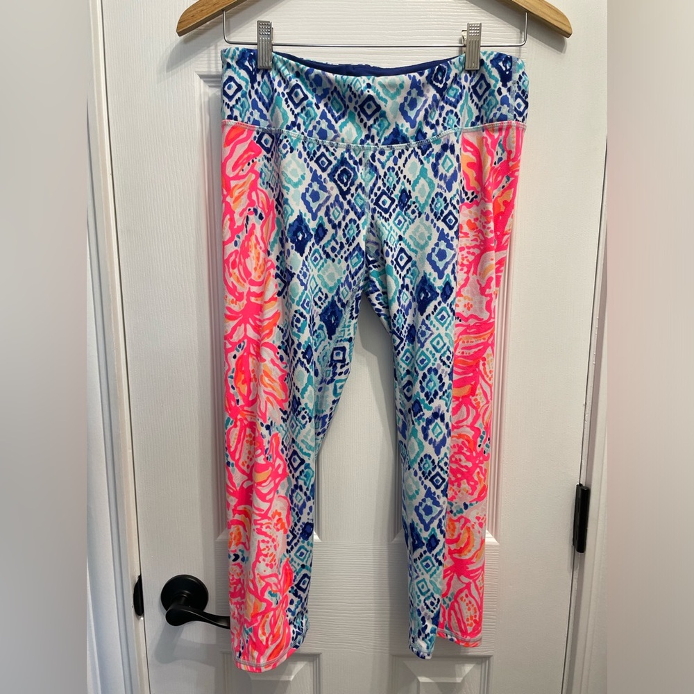 Lilly Pulitzer Luxletic Weekender Blue Pink Crop Leggings Women’s Size Large